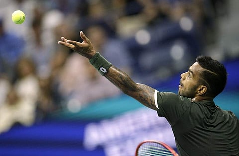 Sumit Nagal of India serves as he plays against Roger Federer of Switzerland during their Round 1 men's Singles match at the 2019 US Open at the USTA Billie Jean King National Tennis Center in New York. (Photo | AFP)