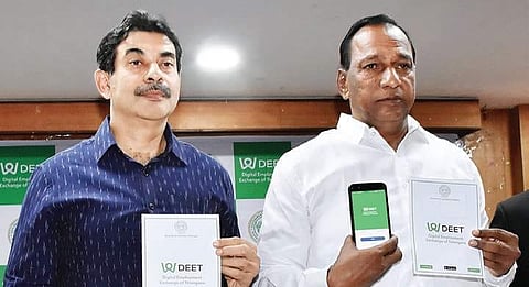 Minister Malla Reddy, (left) IT Secy Jayesh Ranjan at the launch of DEET app (Photo |EPS)