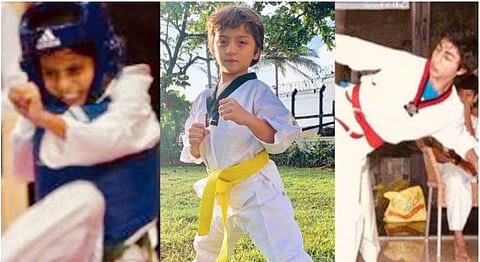 Suhana, AbRam and Aryan performing taekwondo.