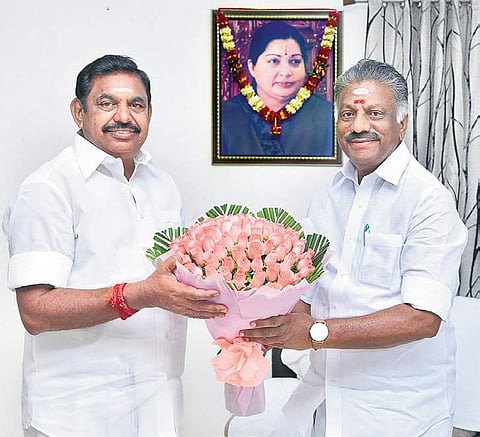 Deputy Chief Minister O Panneerselvam greeting Chief Minister Edappadi K Palaniswami ahead of his foreign trip, in Chennai on Tuesday | Express