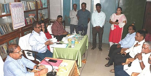 Information and Public Relations Minister Raghunandan Das chairing the review meeting at Padhiary Pathagara and Information Centre on Monday | Express