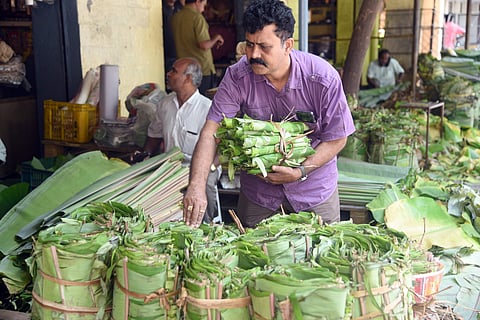 Though banana leaf wholesalers say they have adequate stock right now, they forsee a shortage if the demand continues to grow. (Photo | Nagaraj Gadekal, EPS)