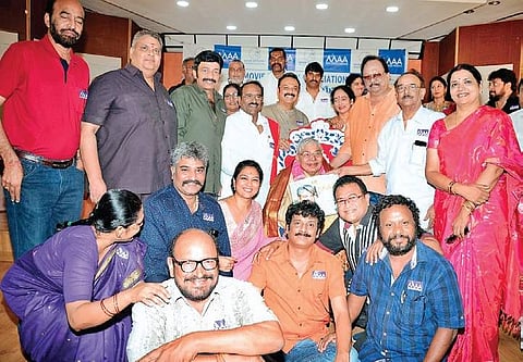 A file photo dated June 24, 2019 shows Devadas Kanakala with members of Movie Artists Association (MAA) during a felicitation ceremony (Photo |EPS)