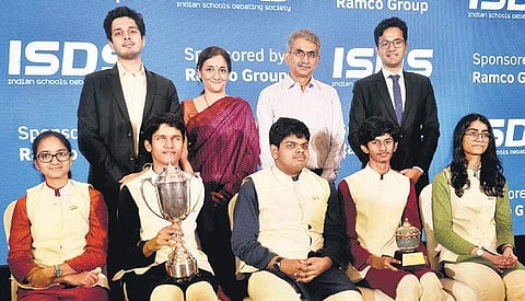 The champions of this year’s World Schools Debating Championships with  PR Venketrama Raja, chairman of RAMCO and his wife PV Nirmala | D SAMPATHKUMAR