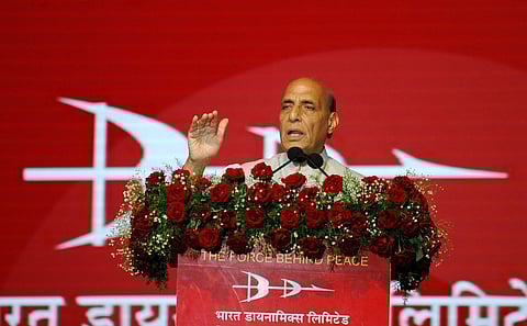 Defence Minister Rajnath Singh speaking at the golden jubilee celebrations of Bharat Dynamics Limited, Hyderabad (Photo | S Senbagapandiyan, EPS)