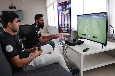 Nihal Thomas Jacob (right) and Lokmanyu Chaturuedi in action at FIFA 2019 at Kalinga Stadium in Bhubaneswar on Saturday. (Photo | Irfana)