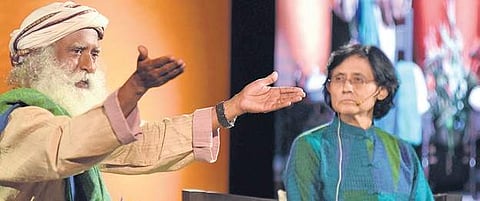 Sadhguru in conversation with Vinita Bali, former MD of Britania Industries Ltd, at an event organised by FICCI FLO Chennai | Martin Louis