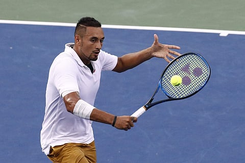 Nick Kyrgios returns the ball to Stefanos Tsitsipas during a semifinal at the Citi Open tennis tournament in Washington. (Photo | AP)