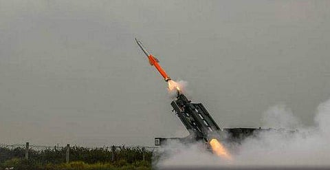 A February 26 photo of the Quick Reaction Surface-to-Air Missile being test-fired from ITR Chandipur in Balasore district of Odisha. (Photo | PTI)