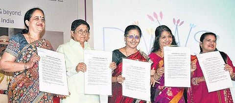 Puducherry Lt Governor Kiran Bedi releases a declaration at a symposium held as part of ‘Be Free From Diabetes’ campaign, in the city. Also seen are: Lalitha Balakrishnan, MOP Vaishnav College pricipal, Girija Vaidyanathan IAS, Dr Usha Sriram and Dr Hema 