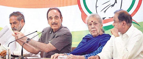Senior Congress leaders Anand Sharma, Ghulam Nabi Azad, Ambika Soni and P Chidambaram during a press conference at AICC office. (Photo | Arun Kumar, EPS)