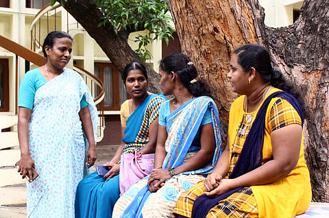 Rajeshwari, Amudha, Vasantha Mani (Left to Right) the three women workers from Tamil Nadu were recently rescued from Kuwait