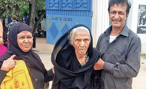 Accompanied by her relatives, Aminabi, aged 102, walking to a polling booth to cast vote in Ambur on Monday | express
