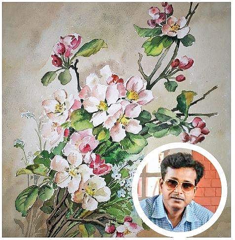 (Inset) Mahender Rai and (above) his representation of nature