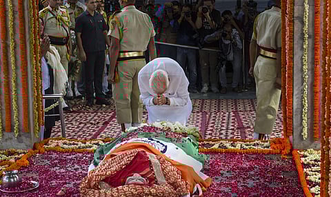 Hundreds of people, including Prime Minister Narendra Modi (in picture), BJP president Amit Shah and veteran party leader L K Advani, bid farewell to former external affairs minister Sushma Swaraj as her mortal remains were consigned to flames at the Lodh