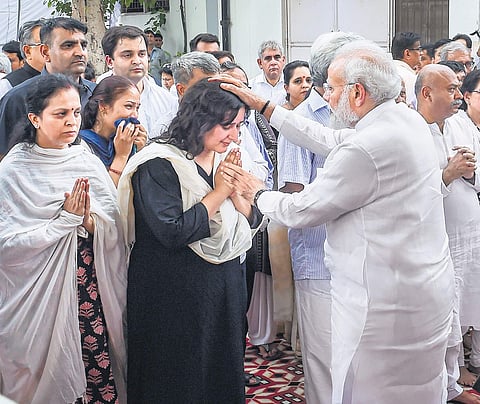 Prime Minister Narendra Modi consoles Bansuri Swaraj, daughter of former External Affairs Minister Sushma Swaraj, after her funeral ceremony at Lodhi crematorium in New Delhi on Wednesday, Swaraj, 67, passed away after suffering a cardiac arrest on Tuesda