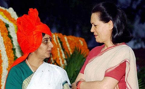 Former Union Minister Sushma Swaraj with Congress leader Sonia Gandhi. (Photo | File, PTI)