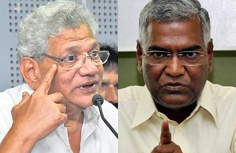 CPM general secretary Sitaram Yechury (L) and CPI leader D Raja (File photo | EPS)
