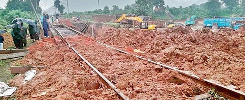 Railway track restoration work in progress at Rayagada on Thursday (Photo |EPS)