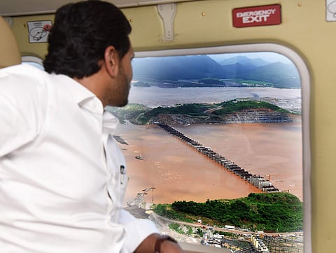 Andhra Pradesh CM YS Jagan Mohan Reddy making an aerial survey of flood affected Polavaram in West Godavari district on Thursday (Photo| EPS)