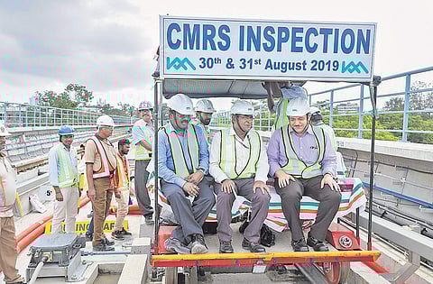 The Commissioner of Metro Rail Safety and his team inspect the Kochi Metro Rail section from Maharaja’s College to Thykoodam on Saturday | Express