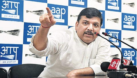 AAP leader Sanjay Singh addresses the press in New Delhi. (Photo | Parveen Negi, EPS)