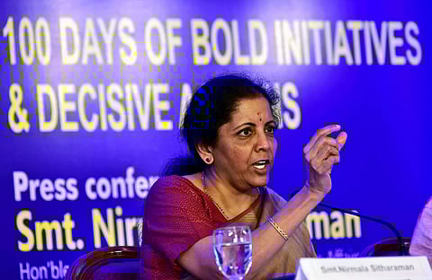 Union Finance Minister Nirmala Seetharaman speaks at a pressmeet held on 100 days of bold initiatives and dicisive actions' of the government on Tuesday in Chennai. | (P Jawahar | EPS)