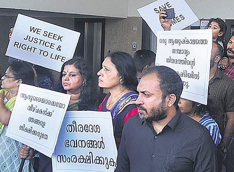 Actor Soubin Shahir participating in the residents’ protest against the state government’s decision to implement the Supreme Court order to demolish the apartments (Photo |EPS)