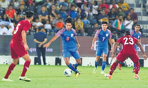 Action from the match between India and Qatar on Tuesday.