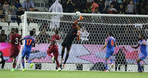 Indian goalkeeper Gurpreet Singh makes a save against Qatar. (Photo | Twitter/Indian Football Team)