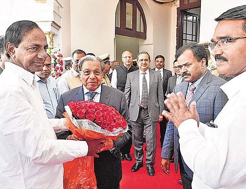 Chief Minister K Chandrasekhar Rao greets Fifteenth Finance Commission chairman NK Singh before their meeting in Hyderabad on Tuesday | Express