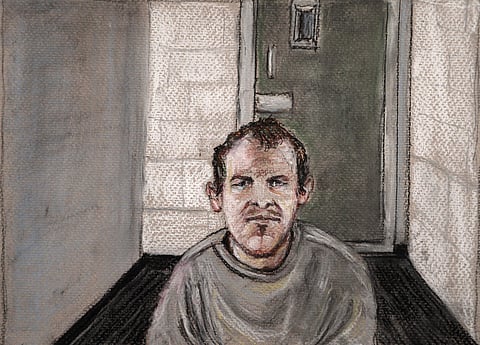 In this courtroom drawing, Brenton Tarrant, the man accused of killing 51 people at two Christchurch mosques on March 15, 2019 appears via video link at the Christchurch District Court, from the maximum security prison in Auckland where he's being held (F