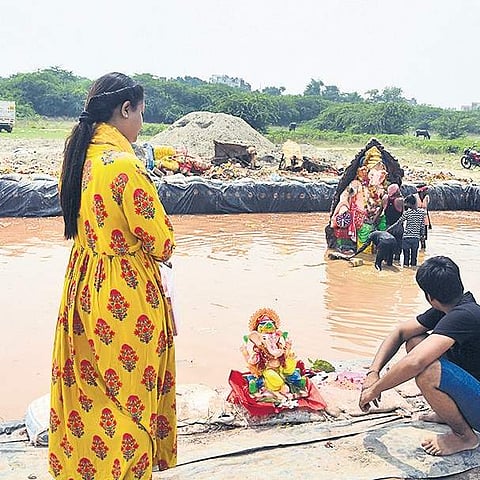 Idol immersions at artificial ponds in Delhi. (Photo | Parveen Negi, EPS)