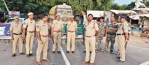 Police preventing outsiders from entering Atmakur by setting up barricades at the entrance of village on Wednesday (Photo |EPS)