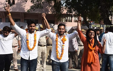 (L to R) Pradeep Tanwar, Akshit Dhaiya President and Shivangi Kharwal. (Photo| Parveen Negi/EPS)