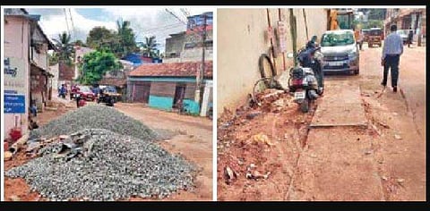 Granite stones piled up near Padmanabhaswamy temple (R)The stretch where development work has to resume| Express