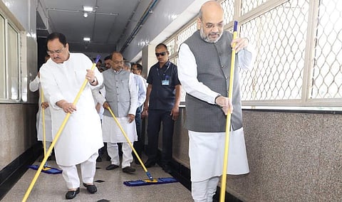 Amit Shah was joined by the party's working president J P Nadda and Delhi BJP leaders as he took part in the drive. (Photo | Amit Shah Twitter)