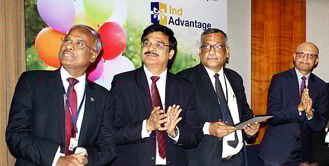 M K Bhattacharya, Executive Director, Indian Bank launching “Ind Advantage”, a rewards point programme on Friday. (Photo | D Sampath Kumar, EPS)