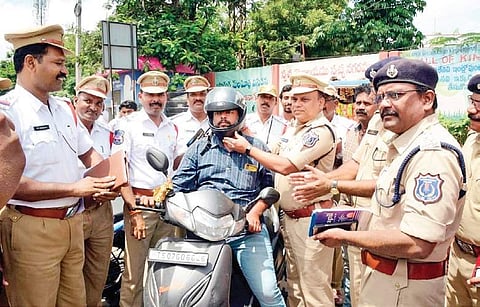 The Rachakonda police makes motorists driving without a helmet buy one on-the-spot, to allay the fear ahead of the imposition of the high MV penalties on Saturday.