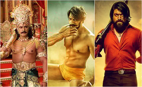 A collage of stills from Kuruksheetra, Pailwaan and KGF