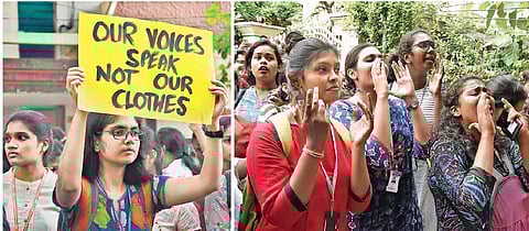 Students of St Francis College for Women stage a protest against the ‘knee-length kurti only’ dress code at the gates of the college in Hyderabad on Monday (Photos | RVK Rao)
