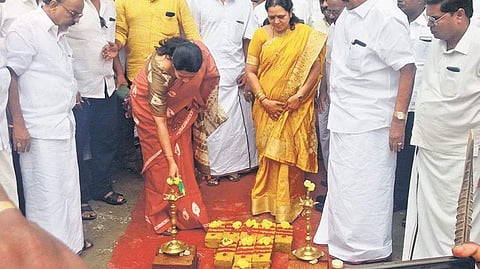 Kanimozhi taking part in the foundation laying ceremony at the Arignar Anna Government Arts College in Walajahpet on Monday | express