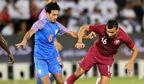 Sahal Abdul Samad dribbles against Qatar. (Photo | Twitter)