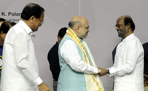 Union Home Minister Amit Shah (L) and actor Rajinikanth. | (File | EPS)