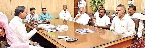 CM K Chandrasekhar Rao speaks to political leaders from Nanded district of Maharashtra in Hyderabad on Tuesday