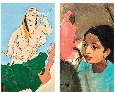 (L-R)Durga Mahisasura Mardini, 1993 by Tyeb Mehta and The Little Girl in Blue, 1934, by Amrita Sher-Gil are some of the top scorers at art auctions | ( Photo | Sotheby’s )