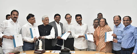 Dr Sujatha Rao, head of an expert committee on healthcare, submitting the report to Chief Minister YS Jagan Mohan Reddy on Wednesday | Express