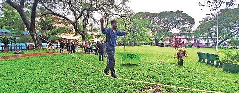 A participant at the Slacklining event held in Panampilly Nagar on Sunday