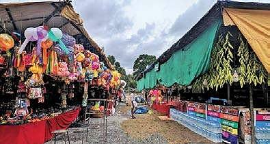 Stalls set up by vendors ahead of Athachamayam at the Boys’ High School Ground at Tripunithura