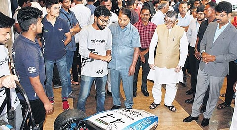 Santosh Kumar Gangwar and G Viswanathan taking a look at the exhibits at VIT, Chennai campus, on Thursday | D SAMPATHKUMAR